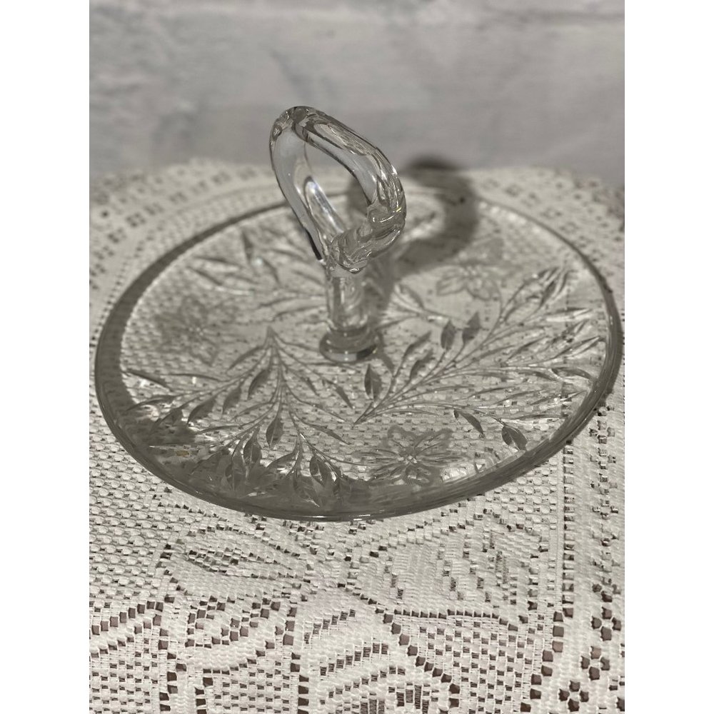 Vintage Clear Glass Tidbits Tray with Handle, Etched Flower Design, 1930's